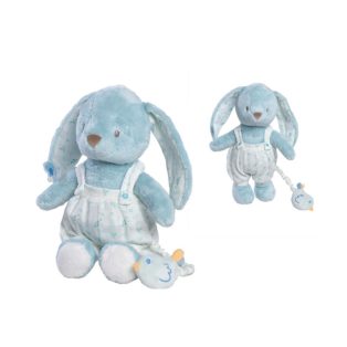   Felhúzható, zenélő kék nyuszi puha plüss gyerekeknek 27 cm