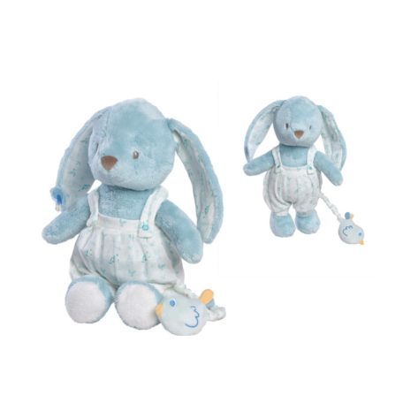 Felhúzható, zenélő kék nyuszi puha plüss gyerekeknek 27 cm
